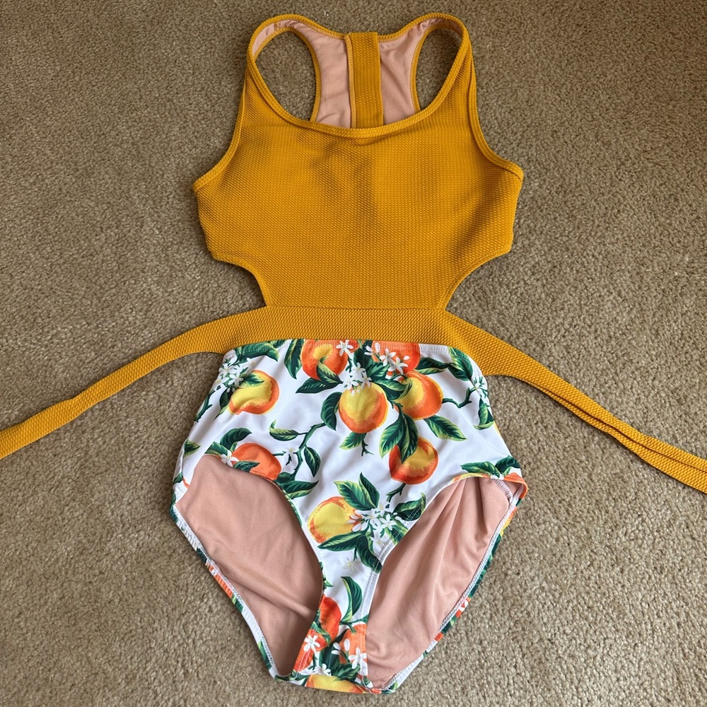 Women’s Mustard Yellow Peach-Print Cutout One-Piece Swimsuit
